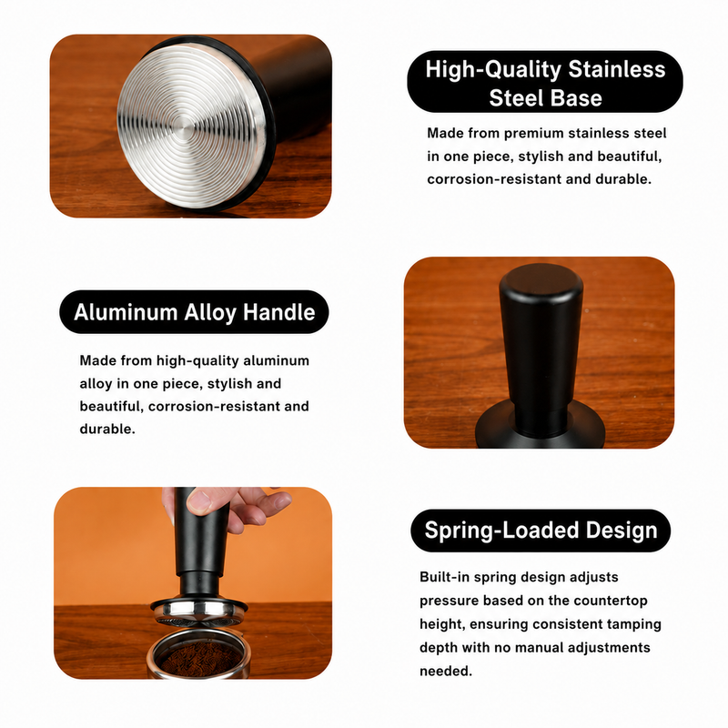 Collage of the black spring-loaded tamper showing stainless base close-up, handle profile, and tamping use