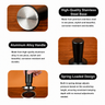 Collage of the black spring-loaded tamper showing stainless base close-up, handle profile, and tamping use