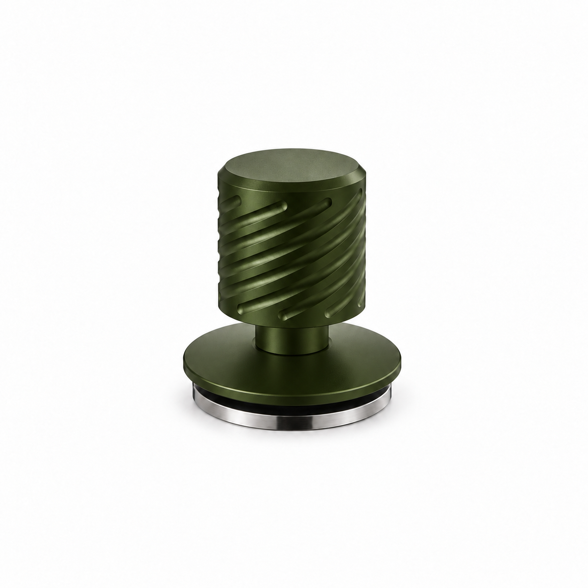 Yozcoffee dark olive green spring-loaded espresso tamper with grooved handle and stainless steel base on white