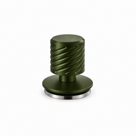 Yozcoffee dark olive green spring-loaded espresso tamper with grooved handle and stainless steel base on white