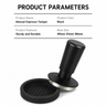 Black spring-loaded espresso tamper size chart showing 49mm, 51mm, and 58mm base options