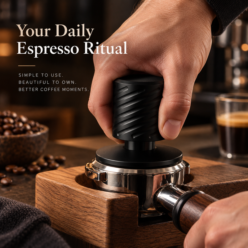 Hand pressing the black spring-loaded espresso tamper in a portafilter on a wooden tamping station