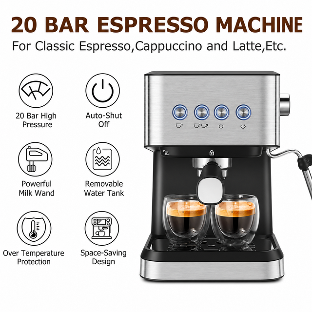 Alternate view of Yozcoffee 20 bar espresso machine with auto shut off milk wand removable water tank and over temperature protection