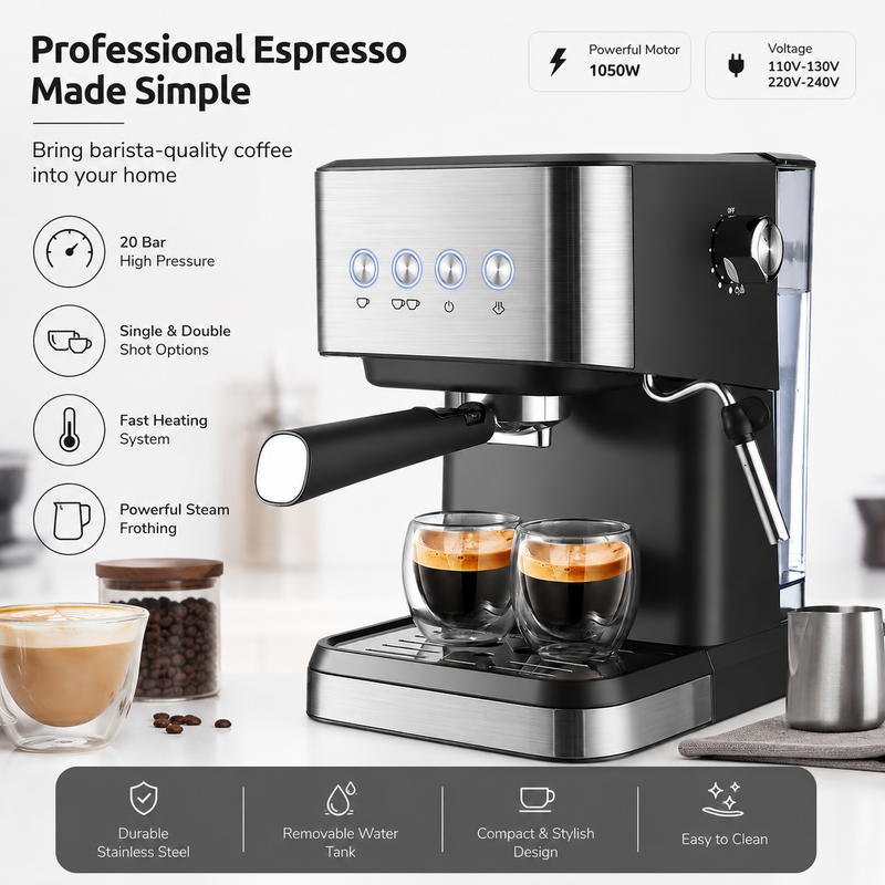Yozcoffee professional espresso machine with 1050 watt motor removable water tank and compact stainless steel design