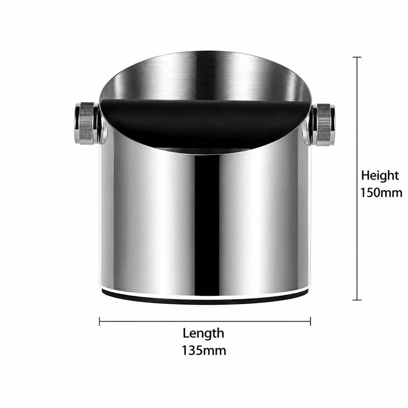 Espresso Knock Box Stainless Steel Silicone Bar Silver/Black: dimensions front 135x150mm