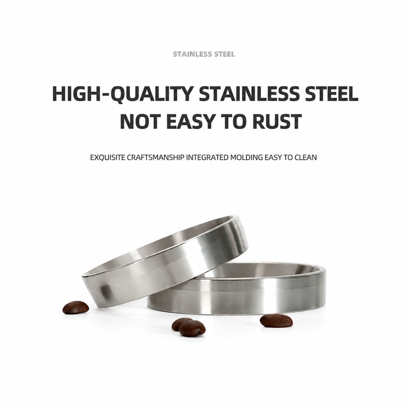 Close-up of the Yozcoffee stainless steel magnetic espresso dosing funnel ring in silver