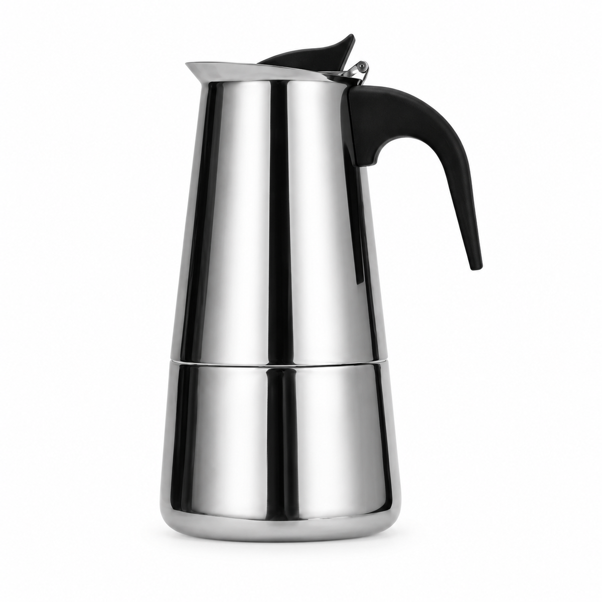 Yozcoffee stainless steel moka pot with black handle on a white background
