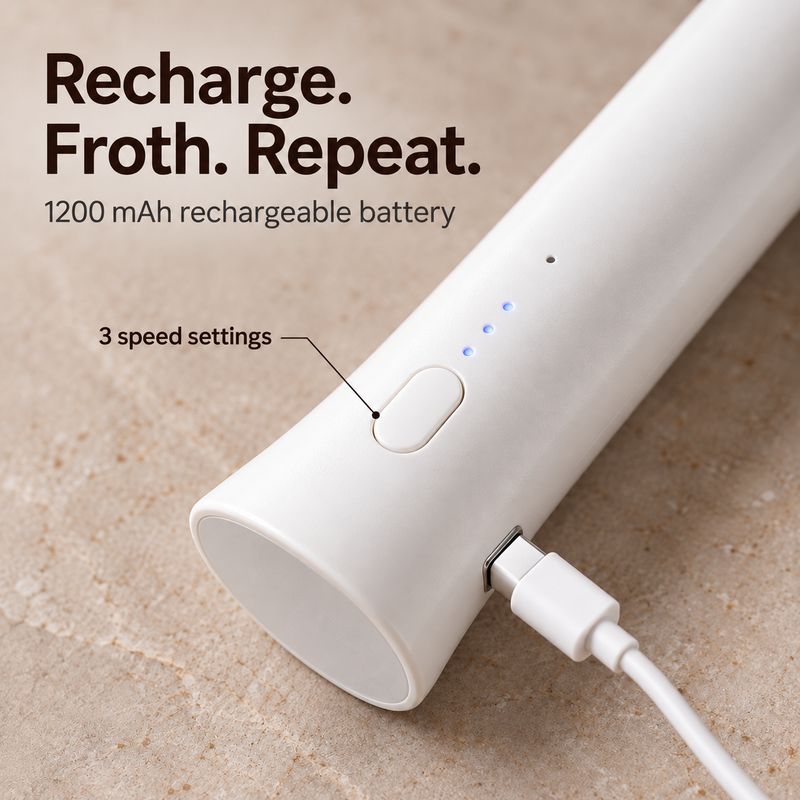 White milk frother side charging port, oval control button and three speed indicators