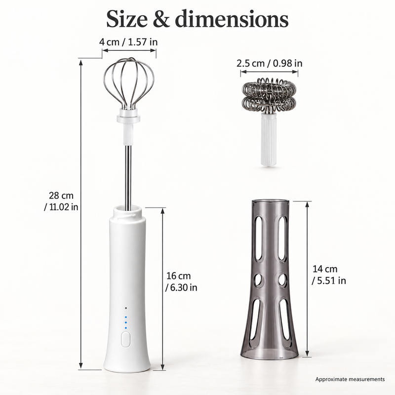 Milk frother dimensions: 28 cm with balloon whisk, 16 cm handle and 14 cm protective sleeve
