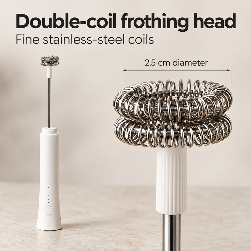 Close-up of the double-coil stainless steel frothing head with 2.5 cm diameter