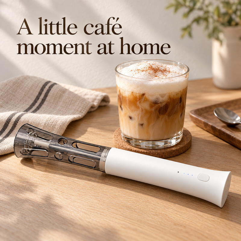 White milk frother with protective sleeve beside an iced coffee topped with milk foam