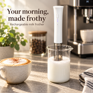 White rechargeable milk frother frothing milk beside a cappuccino in a home coffee corner
