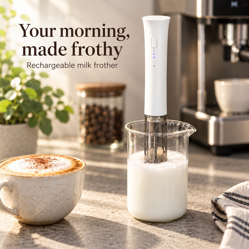 White rechargeable milk frother frothing milk beside a cappuccino in a home coffee corner