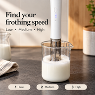 White electric milk frother with low, medium and high speed settings