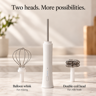 White rechargeable milk frother with detachable balloon whisk and double-coil frothing head