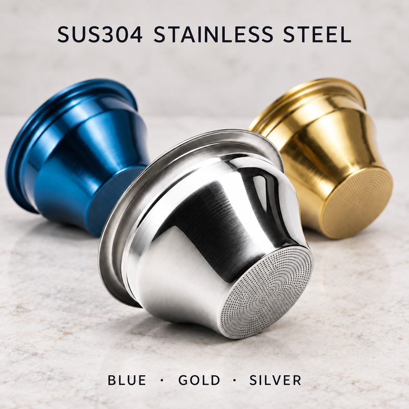 SUS304 tapered espresso filter baskets in blue, gold and silver finishes