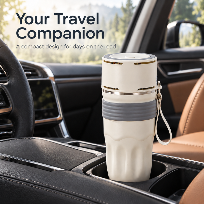 Yozcoffee ivory temperature-control travel mug with grey grip and wrist loop in a car cup holder