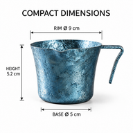 Dimensions of the ice-blue titanium espresso cup: 9 cm rim diameter, 5.2 cm height and 5 cm base diameter