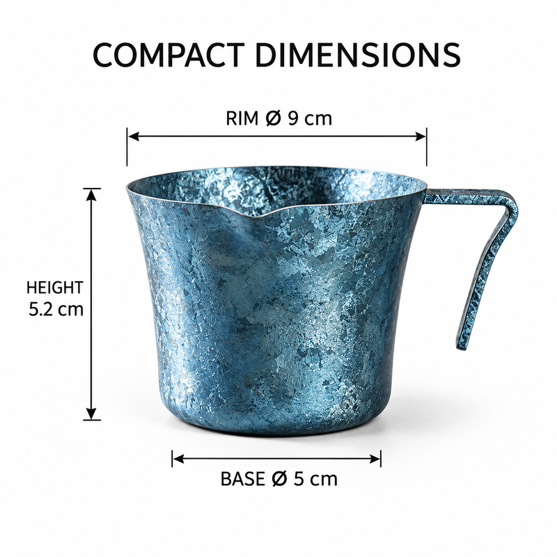 Dimensions of the ice-blue titanium espresso cup: 9 cm rim diameter, 5.2 cm height and 5 cm base diameter