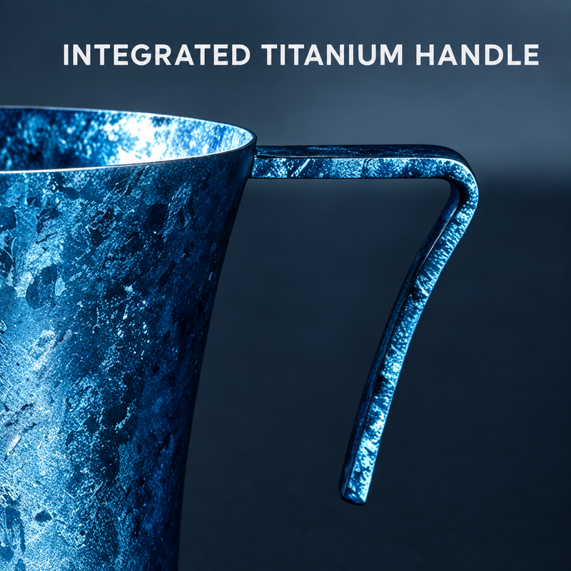 Close-up of the integrated folded titanium handle on the ice-blue espresso measuring cup