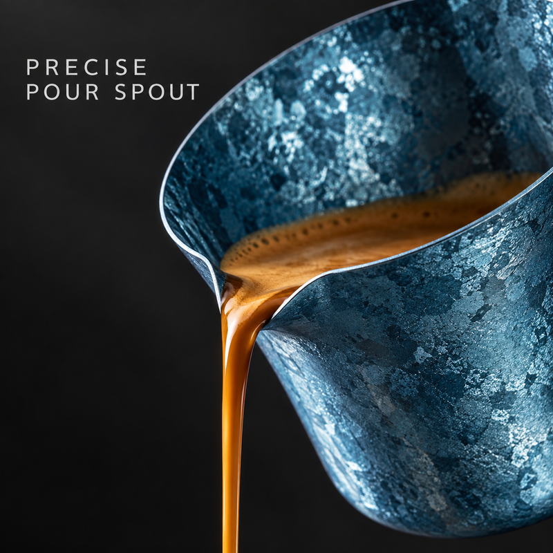 Close-up of the ice-blue titanium espresso cup pour spout guiding a stream of coffee