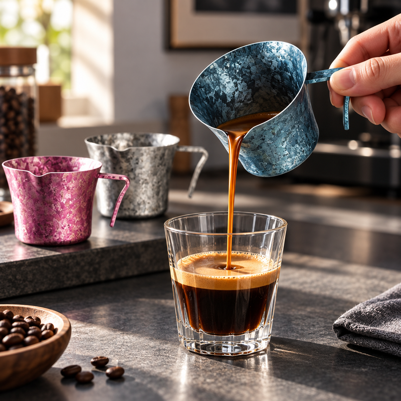 Ice-blue titanium espresso measuring cup pouring coffee into a glass, with silver and pink cups nearby