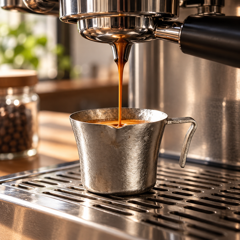 Ice-silver titanium espresso measuring cup collecting espresso beneath a coffee machine