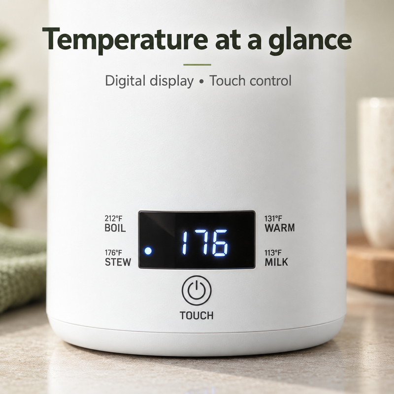 Close-up of the digital temperature display and touch control on the white travel kettle