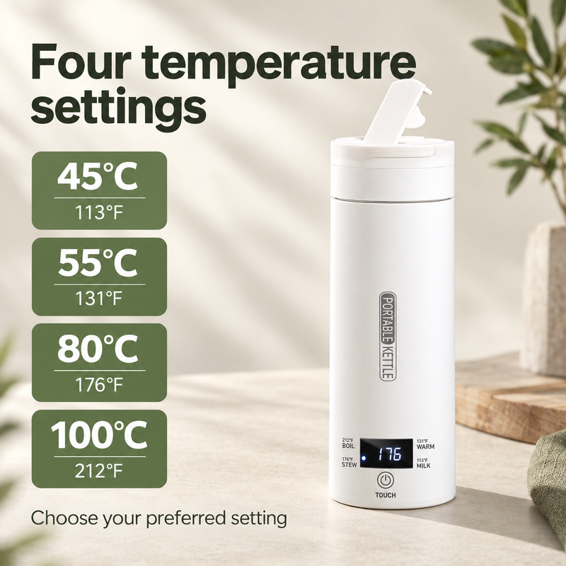White portable electric kettle with four temperature settings of 45, 55, 80 and 100 degrees Celsius