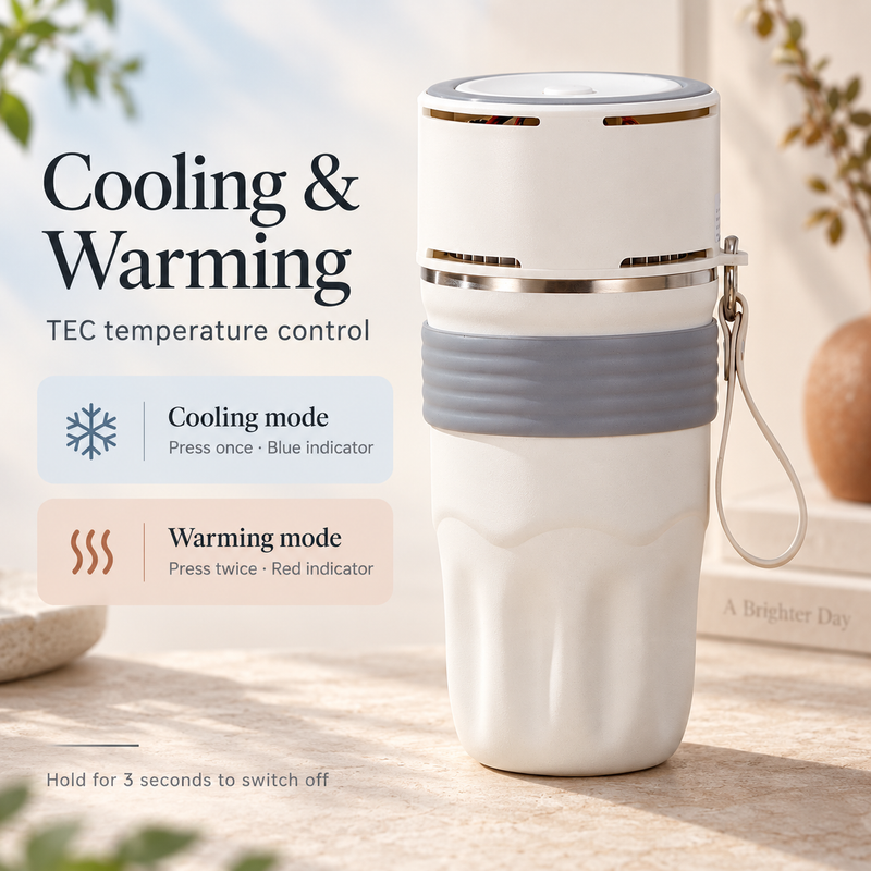 TEC travel mug cooling and warming controls with blue and red mode indicator instructions