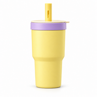 Butter yellow straw tumbler with lilac collar cream lid and yellow cap on white background