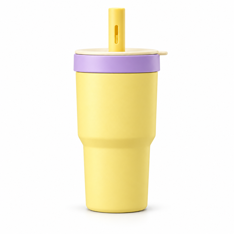 Butter yellow straw tumbler with lilac collar cream lid and yellow cap on white background