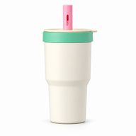 Cream and green straw tumbler with cream lid and pink cap on white background