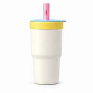 Cream and yellow straw tumbler with blue lid and pink cap on white background