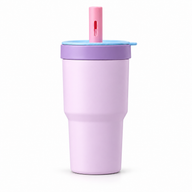Lilac straw tumbler with purple collar blue lid and pink cap on white background