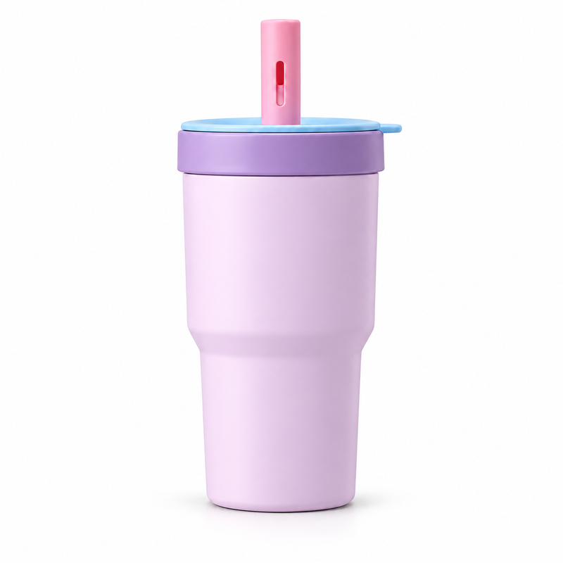 Lilac straw tumbler with purple collar blue lid and pink cap on white background