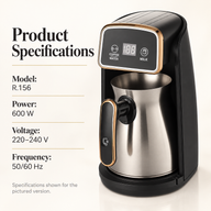Electric Turkish coffee maker specifications: 600 W, 110 V or 220 V version, 50/60 Hz