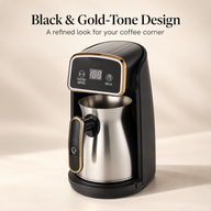 Black electric Turkish coffee maker with gold-tone trim and brushed metal pot