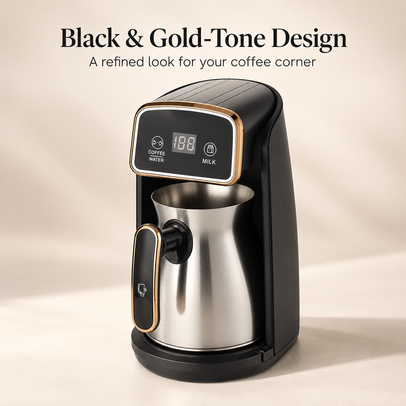 Black electric Turkish coffee maker with gold-tone trim and brushed metal pot