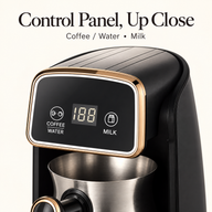 Close-up of the gold-tone control panel with Coffee Water and Milk markings