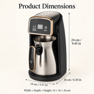 Turkish coffee maker dimensions: 14 cm wide, 16 cm deep and 24 cm high