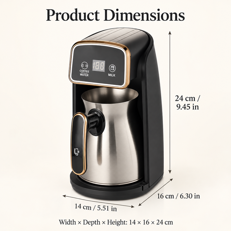 Turkish coffee maker dimensions: 14 cm wide, 16 cm deep and 24 cm high