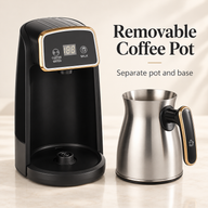 Removable metal Turkish coffee pot shown separately from its electric base