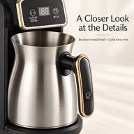 Brushed metal coffee pot with a vertical black handle and gold-tone trim