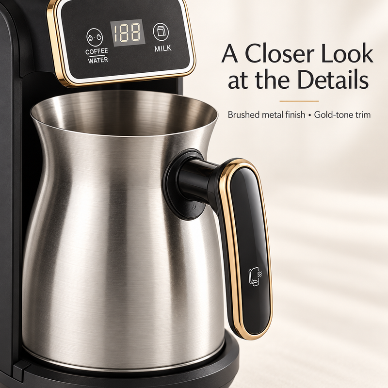 Brushed metal coffee pot with a vertical black handle and gold-tone trim