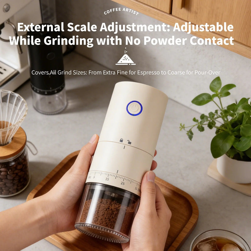 Ceramic Burr Coffee Grinder – 38 Settings, Cordless USB-C – external scale adjustment