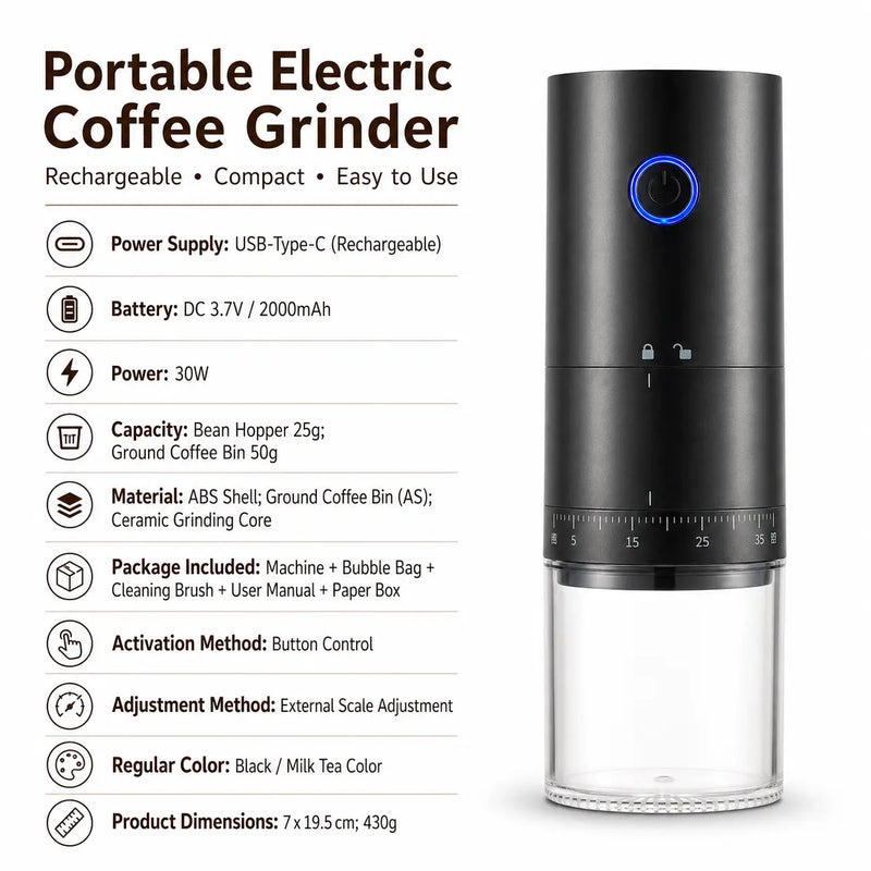 Ceramic Burr Coffee Grinder – 38 Settings, Cordless USB-C – portable specifications black