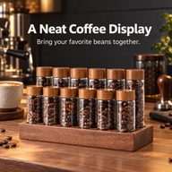 Yozcoffee walnut coffee bean display with 12 glass tubes on a coffee bar