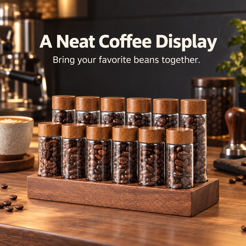 Yozcoffee walnut coffee bean display with 12 glass tubes on a coffee bar
