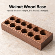 Walnut wood coffee tube base with 12 circular recesses arranged in two rows